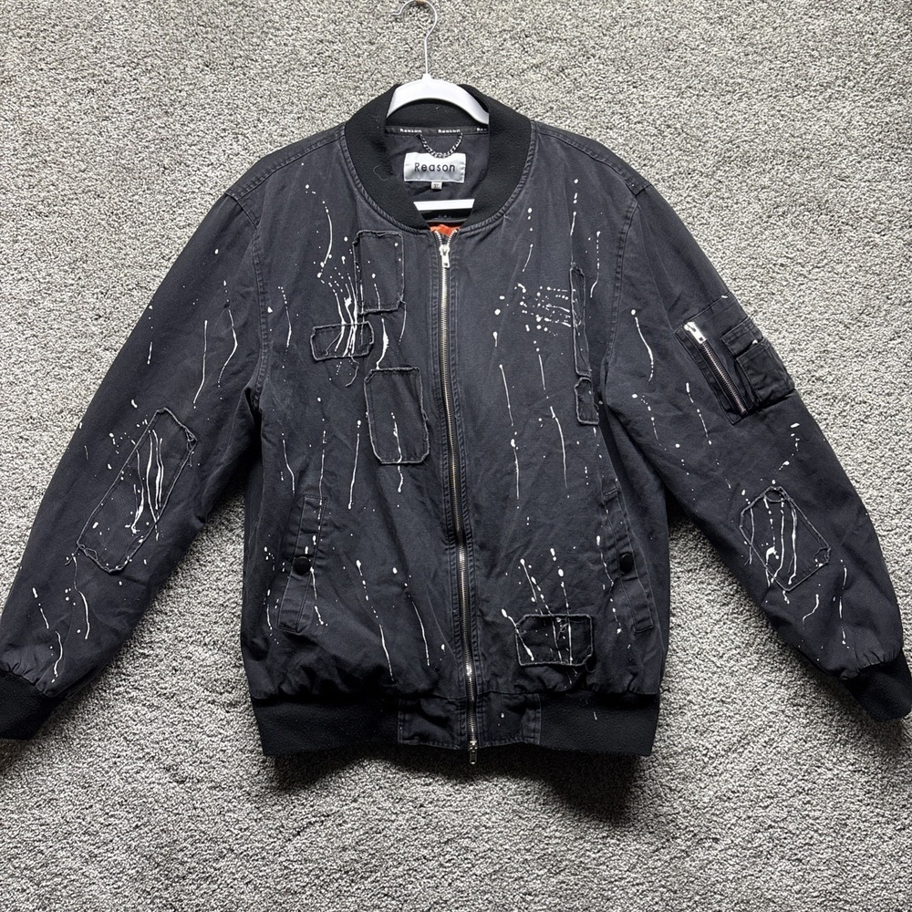 Reason Mens XL Black Patchwork Paint Splatter Bomber Jacket‎ Detroit Streetwear